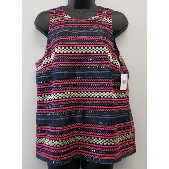 Trina Turk Sequined Blouse Top Women's 6 SMALL Pink Blue Orange Gold Embroidered - Picture 10 of 12